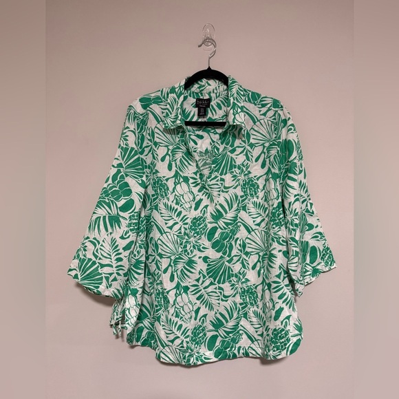 Nicole Miller Floral 100% Linen Popover Tunic Top 1X Cruise Resort Tropical - Picture 1 of 8